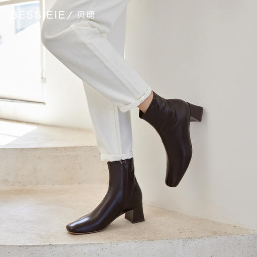 BESSIEIE油蜡皮方头中跟气质短靴——沙拉穿搭笔记 商品图4