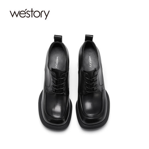 westory22年新款英伦风纯色方头粗高跟真皮系带小皮鞋单鞋女71891 商品图3