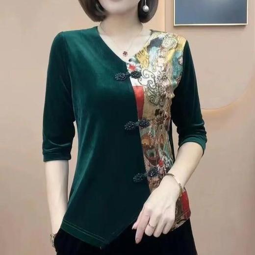 女装洋气印花丝绒拼接中袖小衫2022秋新款气质百搭上衣 ZQ1293-2229 商品图2