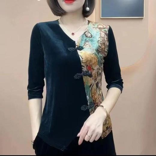 女装洋气印花丝绒拼接中袖小衫2022秋新款气质百搭上衣 ZQ1293-2229 商品图1