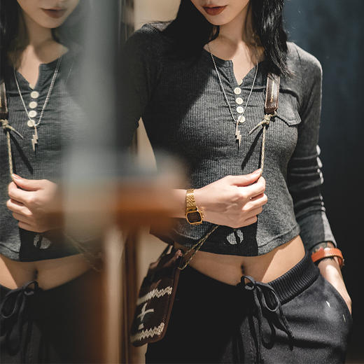 马登bm针织长袖T恤圆弧下摆修身显瘦短款打底亨利衫女 商品图4