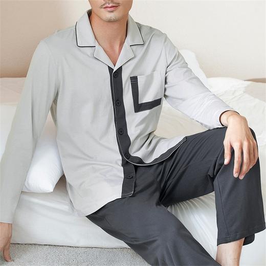康妮雅睡衣家居服 男式长袖长裤开襟套装*浅灰 商品图2