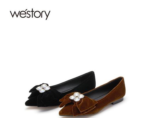 westory绒面蝴蝶结钻饰尖头浅口法式百搭22年新款平底单鞋女72421 商品图0
