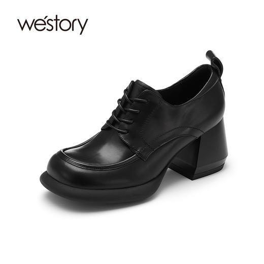 westory22年新款英伦风纯色方头粗高跟真皮系带小皮鞋单鞋女71891 商品图1