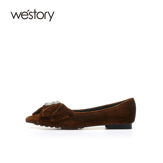 westory绒面蝴蝶结钻饰尖头浅口法式百搭22年新款平底单鞋女72421 商品图2