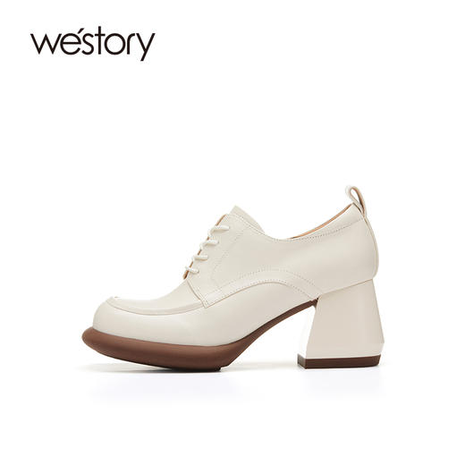 westory22年新款英伦风纯色方头粗高跟真皮系带小皮鞋单鞋女71891 商品图2