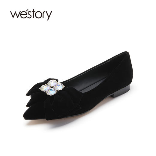 westory绒面蝴蝶结钻饰尖头浅口法式百搭22年新款平底单鞋女72421 商品图1