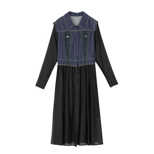 谜底2022秋新款假两件拼接牛仔绑带收腰衬衫连衣裙223ML1058 商品图4