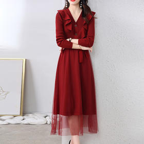 2022秋新款打底毛衣裙子长袖收腰显瘦拼接网纱连衣裙女   HRYZ7869