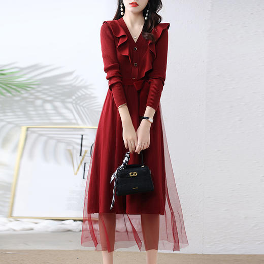 2022秋新款打底毛衣裙子长袖收腰显瘦拼接网纱连衣裙女   HRYZ7869 商品图4