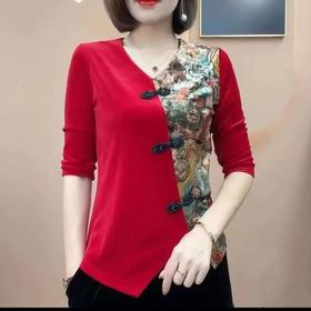 女装洋气印花丝绒拼接中袖小衫2022秋新款气质百搭上衣 ZQ1293-2229