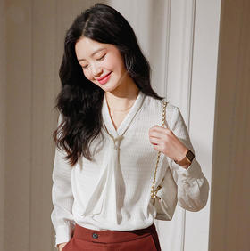 法式优雅，飘带雪纺衬衫春秋新款设计感小众V领通勤职业免烫衬衣MGG-22652