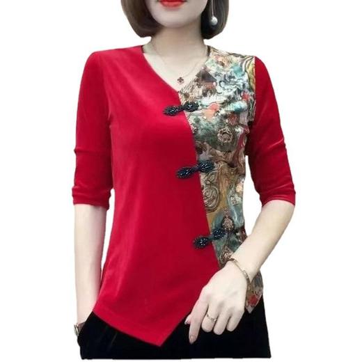 女装洋气印花丝绒拼接中袖小衫2022秋新款气质百搭上衣 ZQ1293-2229 商品图4