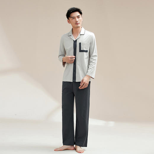 康妮雅睡衣家居服 男式长袖长裤开襟套装*浅灰 商品图4