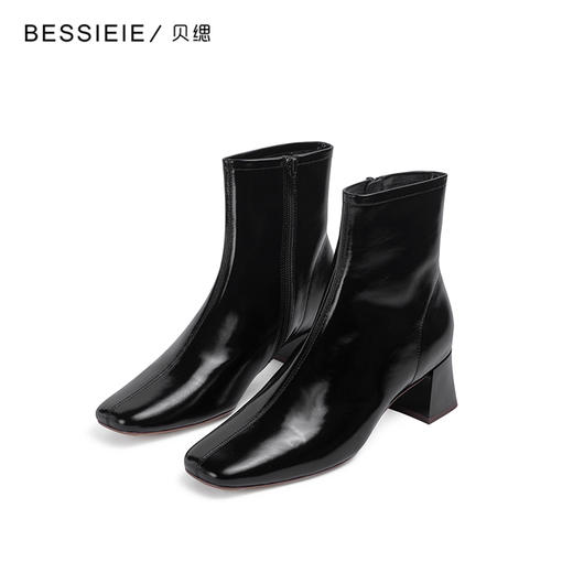 BESSIEIE油蜡皮方头中跟气质短靴——沙拉穿搭笔记 商品图7