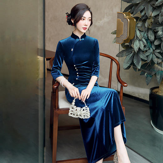 中国风优雅，金丝绒鱼尾褶皱长款旗袍裙GSJ-3090 商品图3