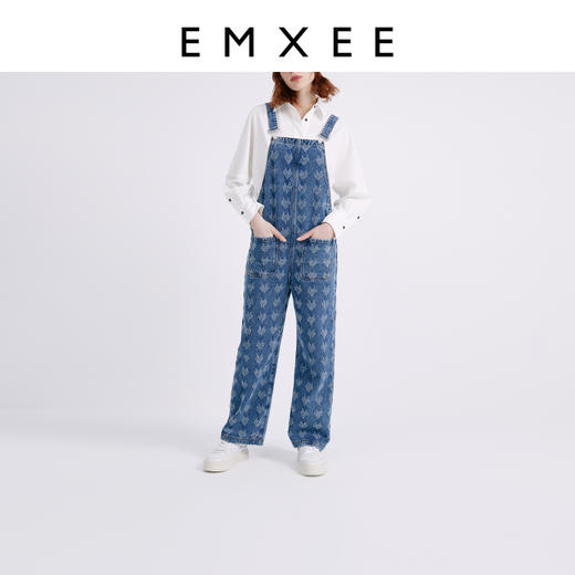 嫚熙孕妇背带裤春秋个性设计感提花孕期妈妈大码宽松外穿牛仔长裤 商品图0