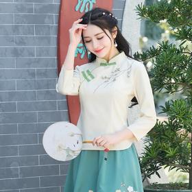 民族风绣花立领盘扣七分袖茶艺服套装  XY-A875