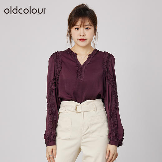 oldcolour2021秋季商场同款V领荷叶边气质衬衫女N31013163 商品图1