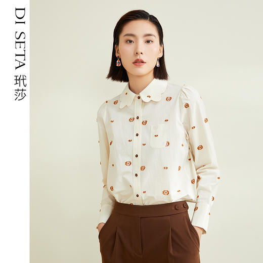 玳莎别致花瓣领衬衫女2022新款时尚减龄提花设计感长袖上衣  CD31301 商品图0