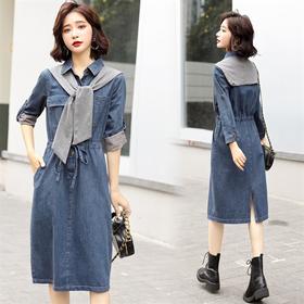 时尚气质，韩版休身显瘦牛仔收腰连衣裙HR-XMYR8092