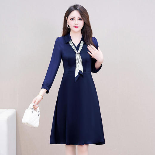 LRX-YPB10-Y新款优雅气质修身翻领长袖中长款连衣裙 商品图0