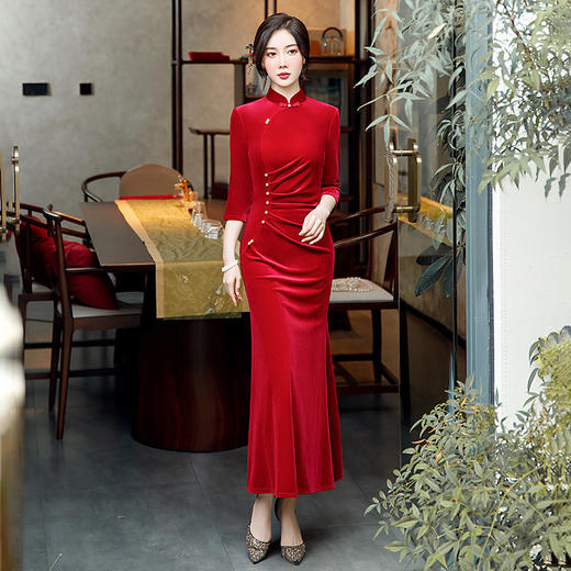 中国风优雅，金丝绒鱼尾褶皱长款旗袍裙GSJ-3090 商品图2