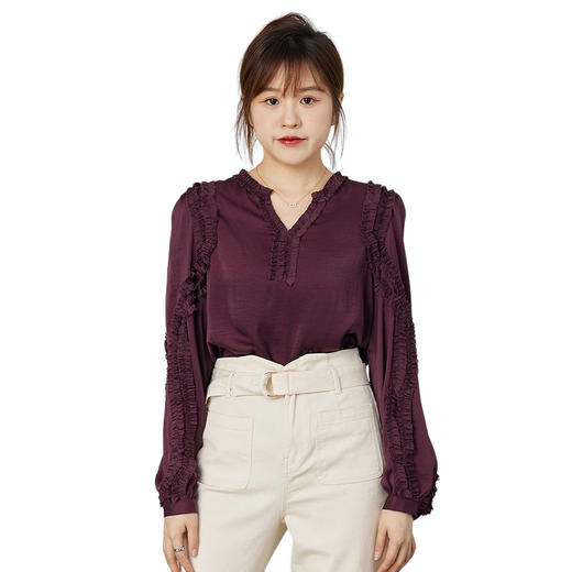 oldcolour2021秋季商场同款V领荷叶边气质衬衫女N31013163 商品图4