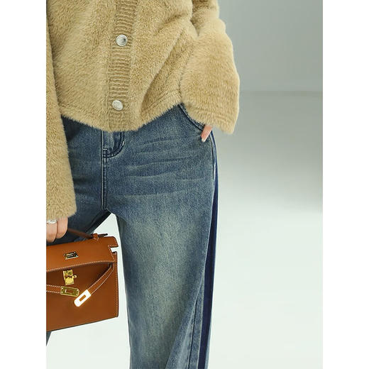 COCOBELLA拼色水洗直筒牛仔裤女秋撞色高腰休闲裤宽松阔腿裤DN26 商品图1