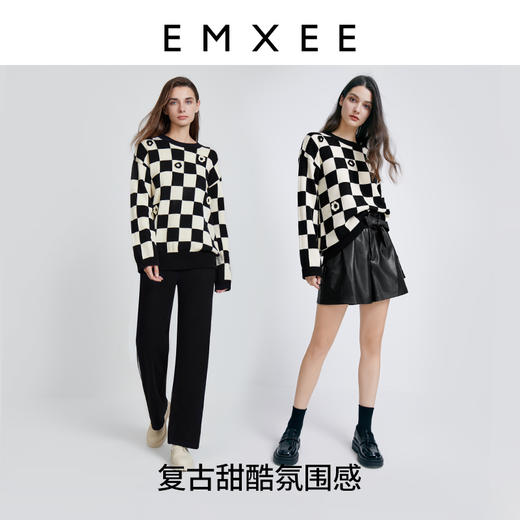 嫚熙孕妇针织衫秋冬外穿大码宽松个性设计感棋盘格孕妈妈保暖上衣 商品图3