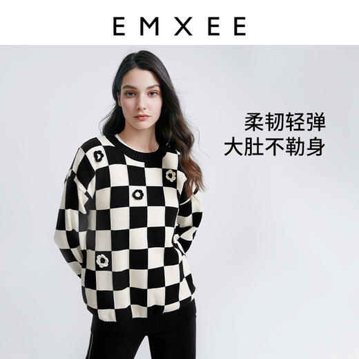 嫚熙孕妇针织衫秋冬外穿大码宽松个性设计感棋盘格孕妈妈保暖上衣 商品图2