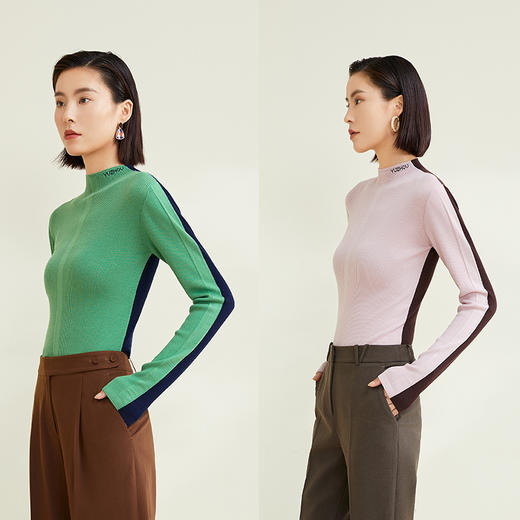 玳莎撞色小半高领针织衫女简约通勤修身长袖套头打底上衣   CC33303 商品图1