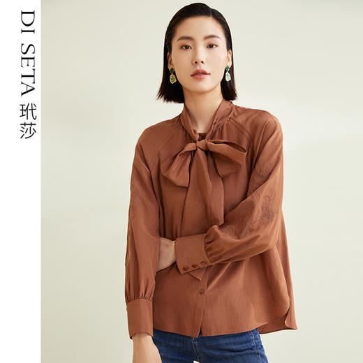 玳莎15mm丝棉纺插肩袖衬衫上衣女秋季 宽松显瘦高级感绣花飘带领衬衣  CC31315 商品图0