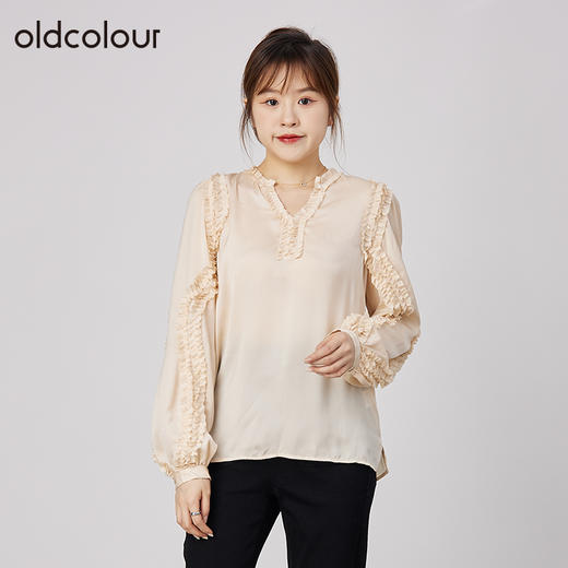 oldcolour2021秋季商场同款V领荷叶边气质衬衫女N31013163 商品图3