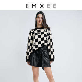 嫚熙孕妇针织衫秋冬外穿大码宽松个性设计感棋盘格孕妈妈保暖上衣