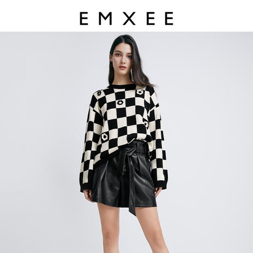 嫚熙孕妇针织衫秋冬外穿大码宽松个性设计感棋盘格孕妈妈保暖上衣 商品图0