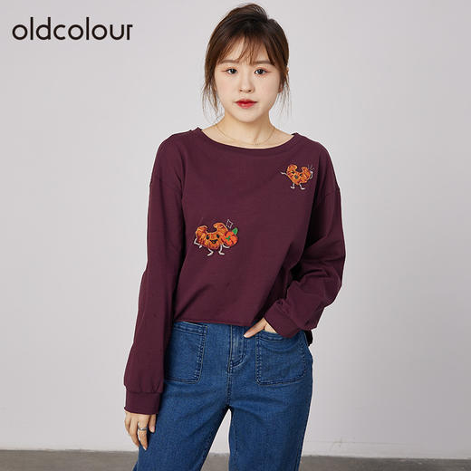 oldcolour春秋季商场同款刺绣上衣宽松长袖休闲T恤女N31023137 商品图0