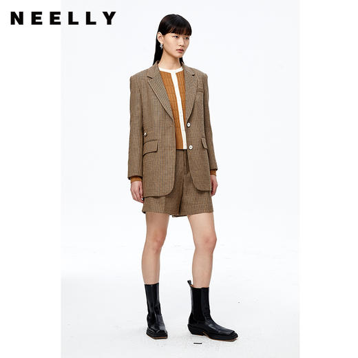 NEELLY纳俪商场同款复古格纹西装外套女撞色袖设计感毛呢上衣时尚N22092W01155 商品图2
