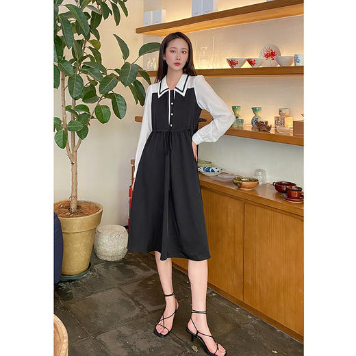 NEELLY纳俪韩系翻领连衣裙女中长款收腰抽绳长袖A字裙百搭时尚N22074Y03306 商品图4