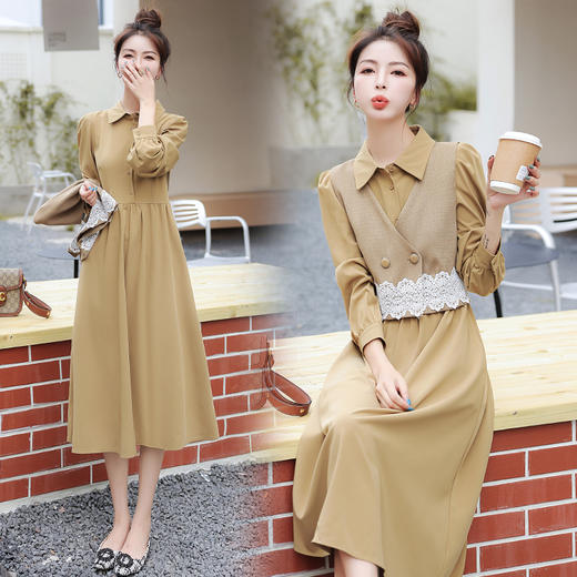 法式新款，马甲长袖连衣裙修身显瘦时尚气质拼接蕾丝两件套裙HR-XMYR2262 商品图0