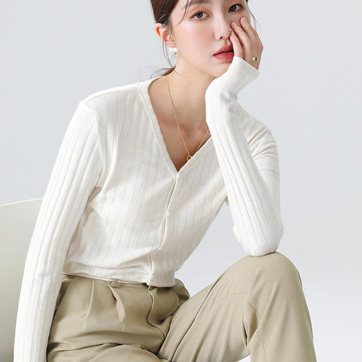 韩版V领坑条开衫秋冬针织女士外穿打底衫长袖修身显瘦纯色外套 商品图0