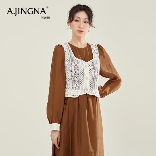 【特价不退换】阿菁娜秋季法式假两件蕾丝马甲绣花连衣裙F27Q212028 商品图4