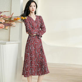 剩S/M/L/XL 米思阳春季新款优雅几何印花系带连衣裙薄款泡泡袖中长裙2917