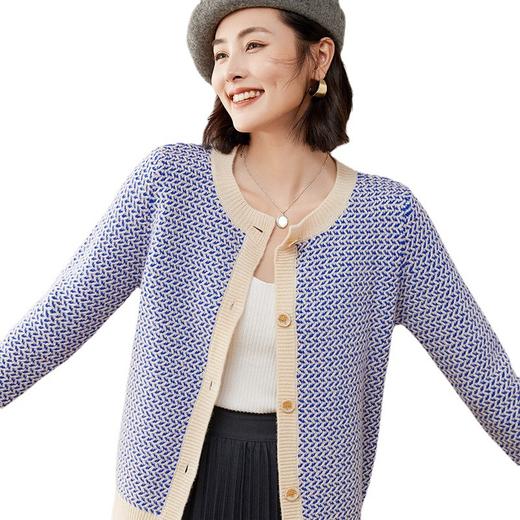 QHJY-JYMY22017秋冬新款女式羊毛衫拼色嵌花针织开衫毛衣外套女韩版圆领上衣 商品图3