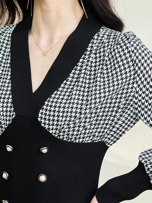 剩S/M 米思阳2024秋季新款气质千鸟格拼接针织伞裙修身显瘦连衣裙3177 商品图4