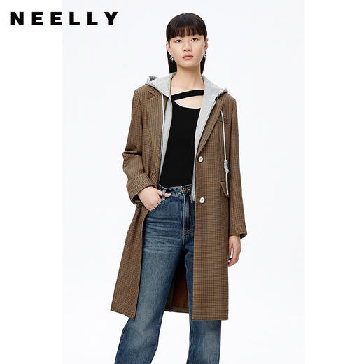 NEELLY纳俪商场同款复古格纹英伦风外套女中长款单排扣毛呢上衣潮N22092C01156 商品图0