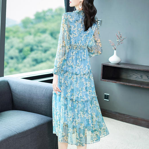 蓝色小碎花真丝印花法式裙 WWM-69286 商品图3