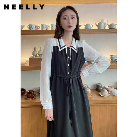 NEELLY纳俪韩系翻领连衣裙女中长款收腰抽绳长袖A字裙百搭时尚N22074Y03306 商品图0