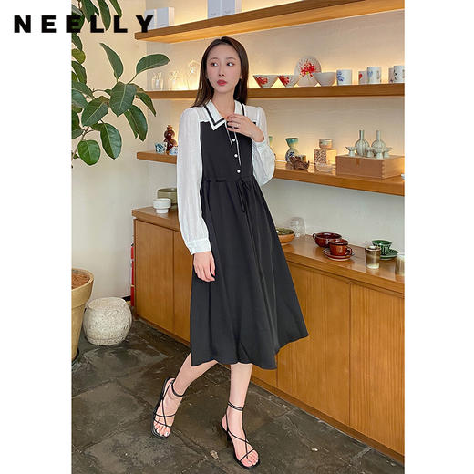 NEELLY纳俪韩系翻领连衣裙女中长款收腰抽绳长袖A字裙百搭时尚N22074Y03306 商品图1