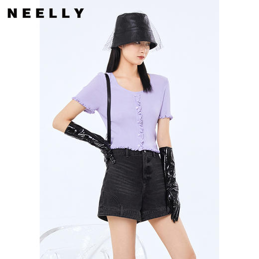 NEELLY纳俪商场同款2022秋季新款圆领针织衫女甜美木耳边短款上衣N22074A04402 商品图1